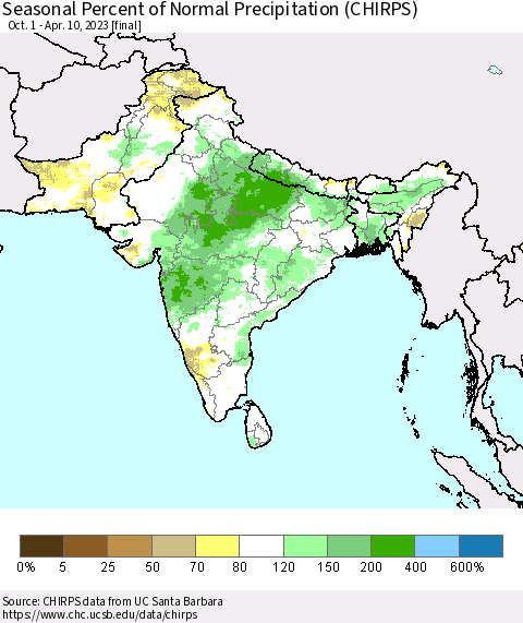 Southern Asia Seasonal Percent of Normal Precipitation (CHIRPS) Thematic Map For 10/1/2022 - 4/10/2023
