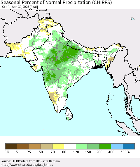 Southern Asia Seasonal Percent of Normal Precipitation (CHIRPS) Thematic Map For 10/1/2022 - 4/30/2023