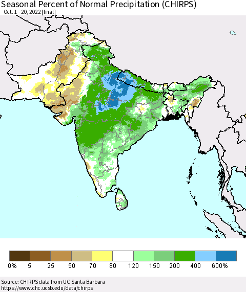 Southern Asia Seasonal Percent of Normal Precipitation (CHIRPS) Thematic Map For 10/1/2022 - 10/20/2022