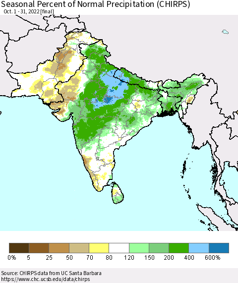 Southern Asia Seasonal Percent of Normal Precipitation (CHIRPS) Thematic Map For 10/1/2022 - 10/31/2022