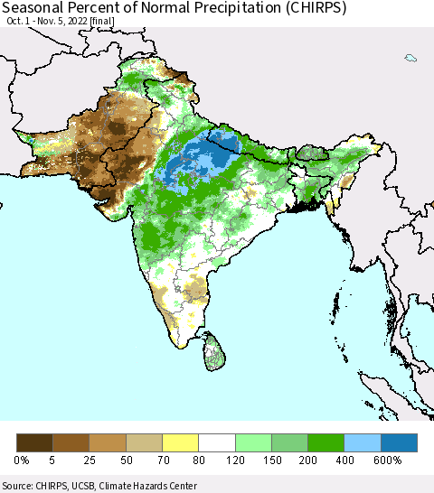 Southern Asia Seasonal Percent of Normal Precipitation (CHIRPS) Thematic Map For 10/1/2022 - 11/5/2022