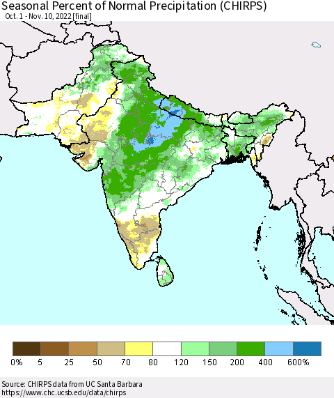 Southern Asia Seasonal Percent of Normal Precipitation (CHIRPS) Thematic Map For 10/1/2022 - 11/10/2022