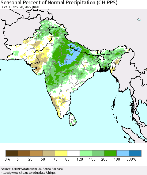 Southern Asia Seasonal Percent of Normal Precipitation (CHIRPS) Thematic Map For 10/1/2022 - 11/20/2022