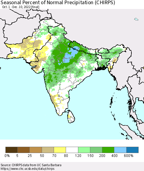 Southern Asia Seasonal Percent of Normal Precipitation (CHIRPS) Thematic Map For 10/1/2022 - 12/10/2022