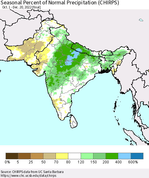 Southern Asia Seasonal Percent of Normal Precipitation (CHIRPS) Thematic Map For 10/1/2022 - 12/20/2022