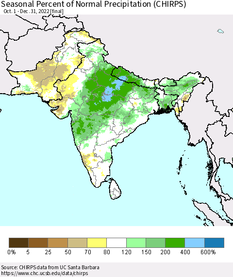 Southern Asia Seasonal Percent of Normal Precipitation (CHIRPS) Thematic Map For 10/1/2022 - 12/31/2022