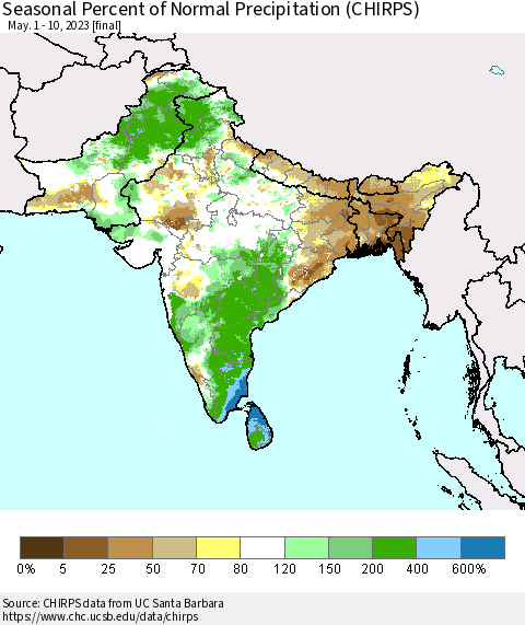 Southern Asia Seasonal Percent of Normal Precipitation (CHIRPS) Thematic Map For 5/1/2023 - 5/10/2023