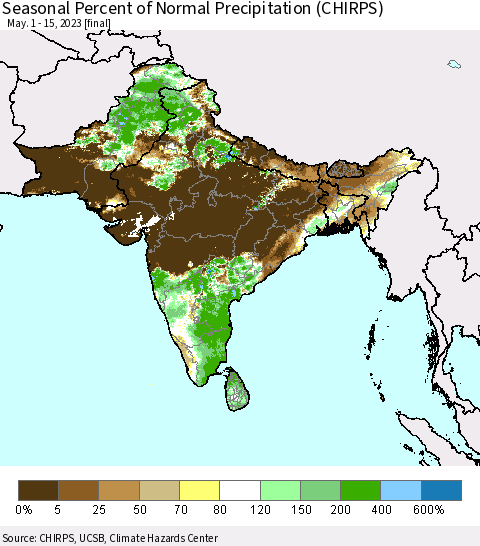 Southern Asia Seasonal Percent of Normal Precipitation (CHIRPS) Thematic Map For 5/1/2023 - 5/15/2023