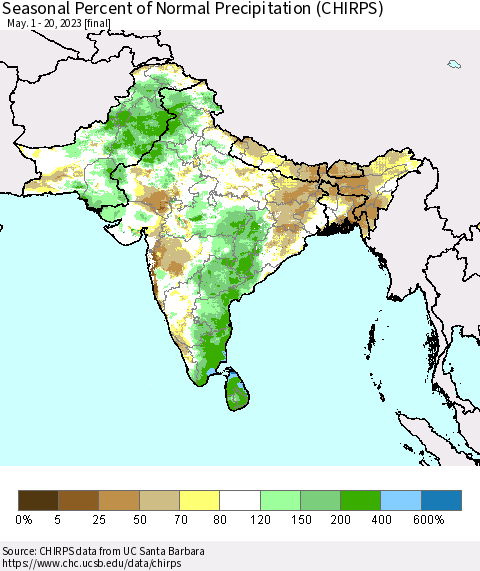 Southern Asia Seasonal Percent of Normal Precipitation (CHIRPS) Thematic Map For 5/1/2023 - 5/20/2023