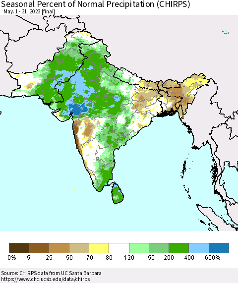 Southern Asia Seasonal Percent of Normal Precipitation (CHIRPS) Thematic Map For 5/1/2023 - 5/31/2023