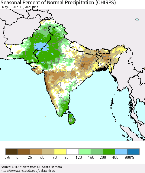 Southern Asia Seasonal Percent of Normal Precipitation (CHIRPS) Thematic Map For 5/1/2023 - 6/10/2023