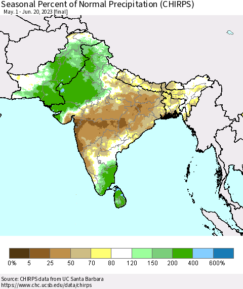 Southern Asia Seasonal Percent of Normal Precipitation (CHIRPS) Thematic Map For 5/1/2023 - 6/20/2023
