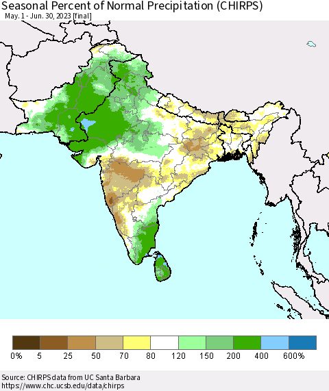 Southern Asia Seasonal Percent of Normal Precipitation (CHIRPS) Thematic Map For 5/1/2023 - 6/30/2023