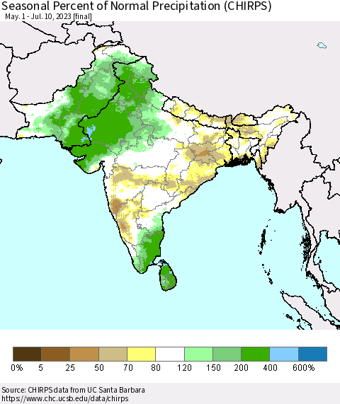 Southern Asia Seasonal Percent of Normal Precipitation (CHIRPS) Thematic Map For 5/1/2023 - 7/10/2023