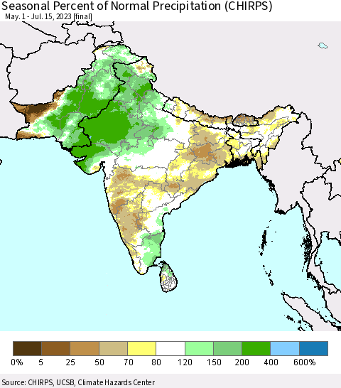 Southern Asia Seasonal Percent of Normal Precipitation (CHIRPS) Thematic Map For 5/1/2023 - 7/15/2023