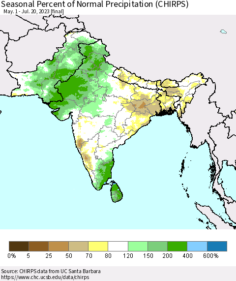 Southern Asia Seasonal Percent of Normal Precipitation (CHIRPS) Thematic Map For 5/1/2023 - 7/20/2023