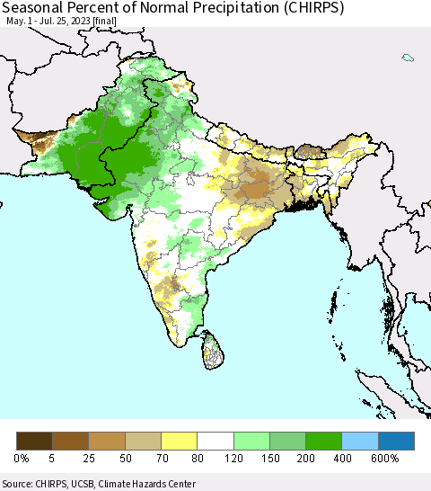 Southern Asia Seasonal Percent of Normal Precipitation (CHIRPS) Thematic Map For 5/1/2023 - 7/25/2023