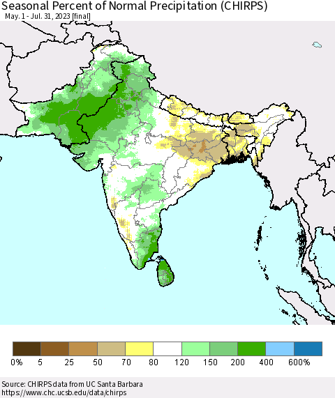 Southern Asia Seasonal Percent of Normal Precipitation (CHIRPS) Thematic Map For 5/1/2023 - 7/31/2023