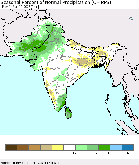 Southern Asia Seasonal Percent of Normal Precipitation (CHIRPS) Thematic Map For 5/1/2023 - 8/10/2023