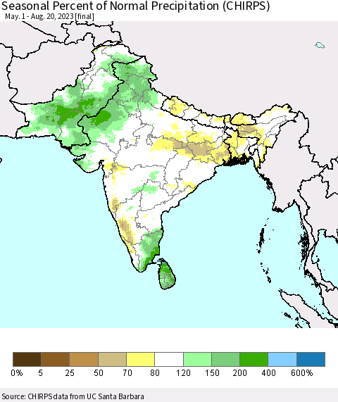 Southern Asia Seasonal Percent of Normal Precipitation (CHIRPS) Thematic Map For 5/1/2023 - 8/20/2023