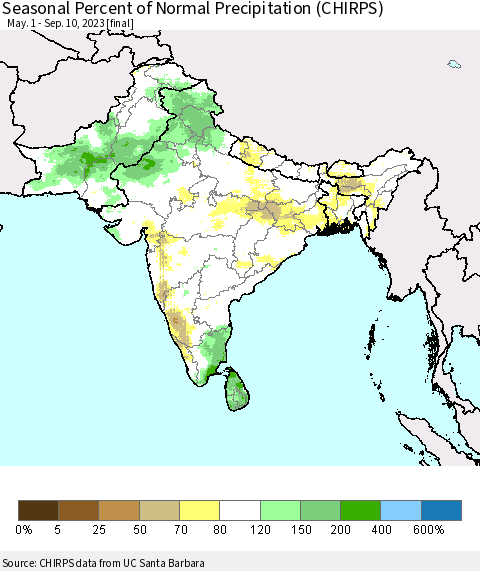 Southern Asia Seasonal Percent of Normal Precipitation (CHIRPS) Thematic Map For 5/1/2023 - 9/10/2023