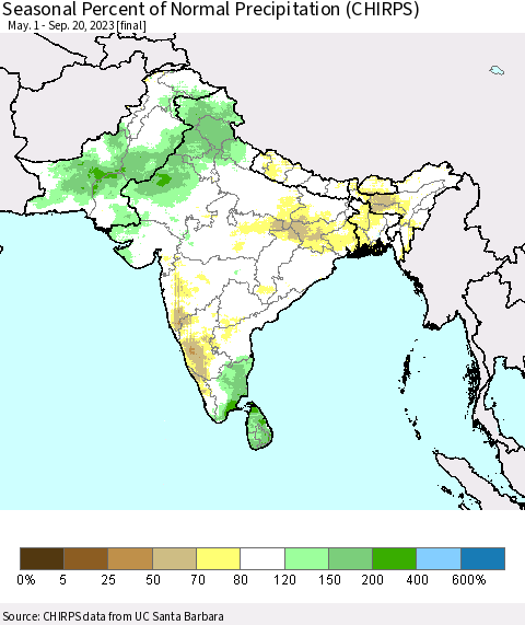 Southern Asia Seasonal Percent of Normal Precipitation (CHIRPS) Thematic Map For 5/1/2023 - 9/20/2023