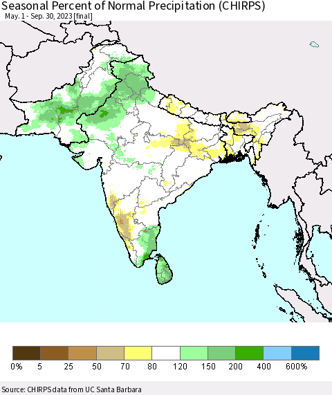 Southern Asia Seasonal Percent of Normal Precipitation (CHIRPS) Thematic Map For 5/1/2023 - 9/30/2023
