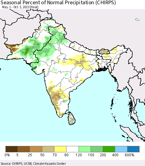Southern Asia Seasonal Percent of Normal Precipitation (CHIRPS) Thematic Map For 5/1/2023 - 10/5/2023