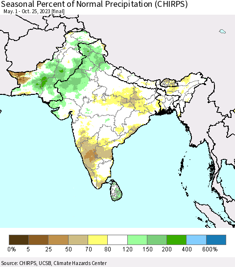 Southern Asia Seasonal Percent of Normal Precipitation (CHIRPS) Thematic Map For 5/1/2023 - 10/25/2023