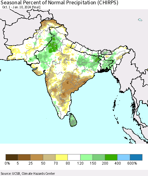 Southern Asia Seasonal Percent of Normal Precipitation (CHIRPS) Thematic Map For 10/1/2023 - 1/10/2024