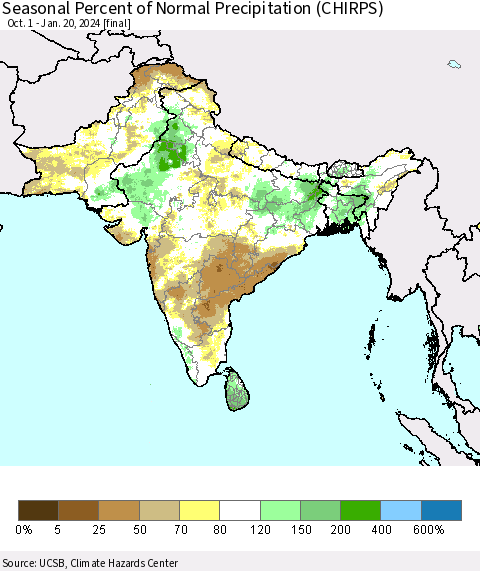 Southern Asia Seasonal Percent of Normal Precipitation (CHIRPS) Thematic Map For 10/1/2023 - 1/20/2024