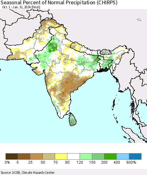 Southern Asia Seasonal Percent of Normal Precipitation (CHIRPS) Thematic Map For 10/1/2023 - 1/31/2024