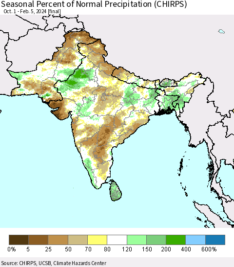 Southern Asia Seasonal Percent of Normal Precipitation (CHIRPS) Thematic Map For 10/1/2023 - 2/5/2024