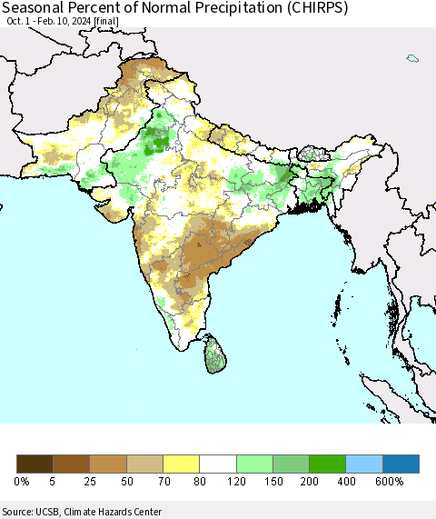 Southern Asia Seasonal Percent of Normal Precipitation (CHIRPS) Thematic Map For 10/1/2023 - 2/10/2024