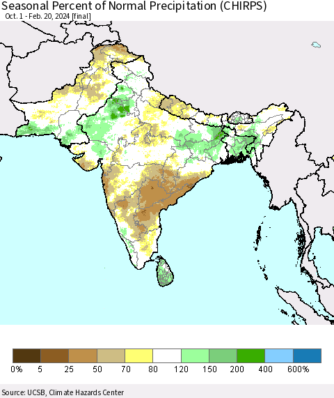 Southern Asia Seasonal Percent of Normal Precipitation (CHIRPS) Thematic Map For 10/1/2023 - 2/20/2024