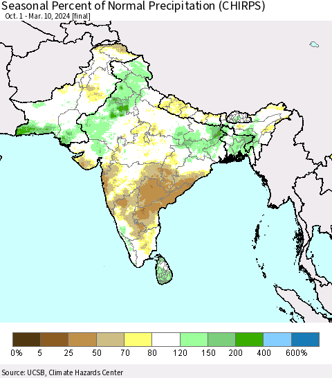 Southern Asia Seasonal Percent of Normal Precipitation (CHIRPS) Thematic Map For 10/1/2023 - 3/10/2024