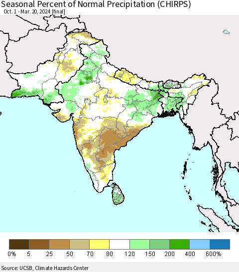 Southern Asia Seasonal Percent of Normal Precipitation (CHIRPS) Thematic Map For 10/1/2023 - 3/20/2024