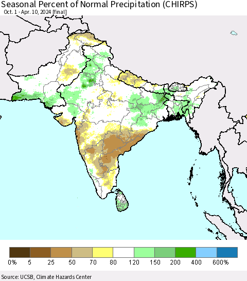 Southern Asia Seasonal Percent of Normal Precipitation (CHIRPS) Thematic Map For 10/1/2023 - 4/10/2024