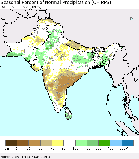 Southern Asia Seasonal Percent of Normal Precipitation (CHIRPS) Thematic Map For 10/1/2023 - 4/10/2024