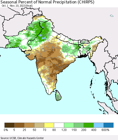 Southern Asia Seasonal Percent of Normal Precipitation (CHIRPS) Thematic Map For 10/1/2023 - 11/10/2023