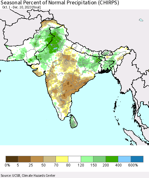 Southern Asia Seasonal Percent of Normal Precipitation (CHIRPS) Thematic Map For 10/1/2023 - 12/10/2023