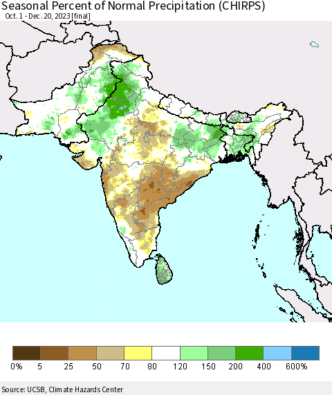 Southern Asia Seasonal Percent of Normal Precipitation (CHIRPS) Thematic Map For 10/1/2023 - 12/20/2023