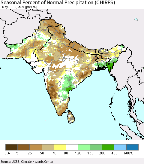 Southern Asia Seasonal Percent of Normal Precipitation (CHIRPS) Thematic Map For 5/1/2024 - 5/10/2024
