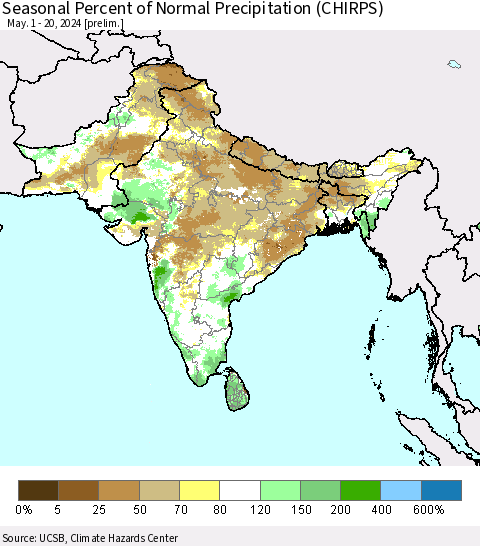 Southern Asia Seasonal Percent of Normal Precipitation (CHIRPS) Thematic Map For 5/1/2024 - 5/20/2024