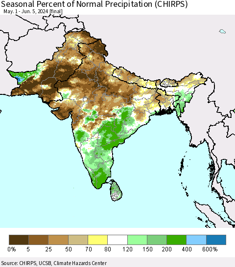 Southern Asia Seasonal Percent of Normal Precipitation (CHIRPS) Thematic Map For 5/1/2024 - 6/5/2024