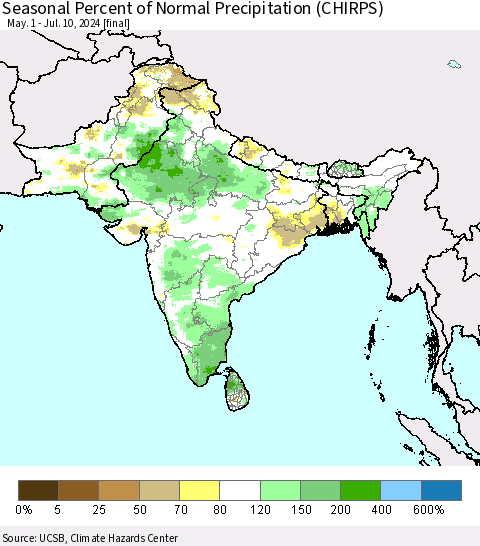 Southern Asia Seasonal Percent of Normal Precipitation (CHIRPS) Thematic Map For 5/1/2024 - 7/10/2024