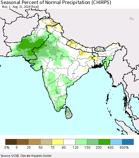 Southern Asia Seasonal Percent of Normal Precipitation (CHIRPS) Thematic Map For 5/1/2024 - 8/31/2024
