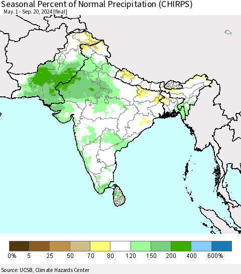 Southern Asia Seasonal Percent of Normal Precipitation (CHIRPS) Thematic Map For 5/1/2024 - 9/20/2024