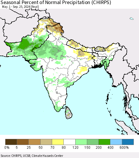 Southern Asia Seasonal Percent of Normal Precipitation (CHIRPS) Thematic Map For 5/1/2024 - 9/25/2024