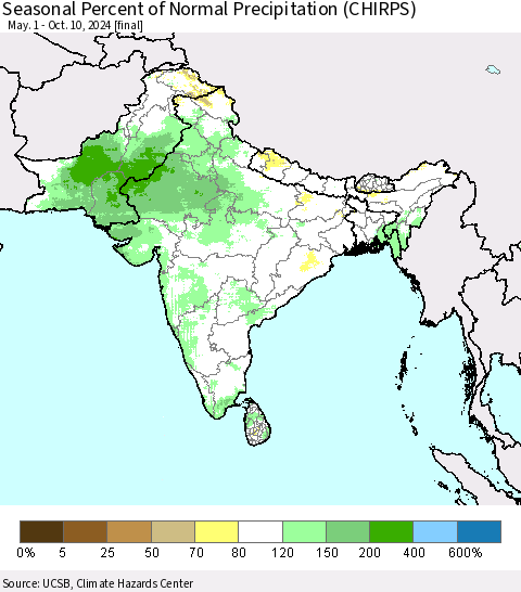 Southern Asia Seasonal Percent of Normal Precipitation (CHIRPS) Thematic Map For 5/1/2024 - 10/10/2024
